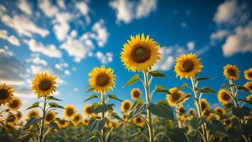 Blooming Sunflowers in a Field Under Bright Blue Sky with Clouds photo