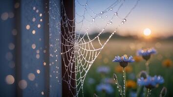Dewy Spiderweb at Sunrise Among Flowers in Field photo