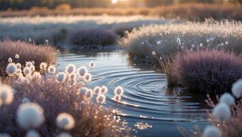 Water Ripples Among Cotton Grass at Sunset Reflecting Golden Light photo