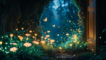 Enchanted Garden Flowers and Butterflies with Magical Glowing Light photo