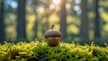 Acorn Resting on Moss in Forest with Sunlight Streaming Through Trees photo