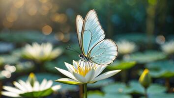 Butterfly Pollinating White Water Lily Flower in a Tranquil Pond Scene photo