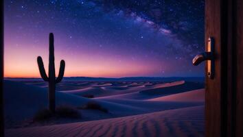 Viewing Desert Night Sky Through Open Door with Cactus Silhouette photo