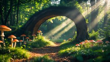 Magical Forest Path with Mushrooms and Sunbeams Shining Through Trees photo