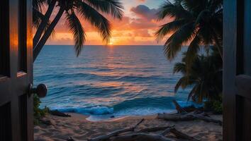 Open Doorway to Tropical Beach at Sunset with Palm Trees photo