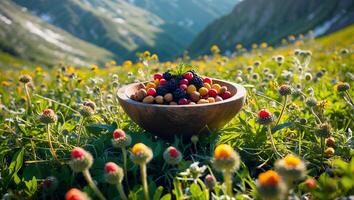 Berries and Nuts in Wooden Bowl Amidst Mountain Meadow Flowers photo