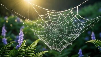 Spiderweb Covered in Dew Drops Glistening in Morning Sunlight photo