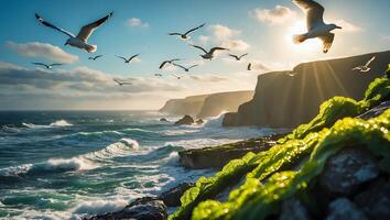 Seagulls Flying Over Ocean Waves Crashing Cliffs at Sunny Coastline photo