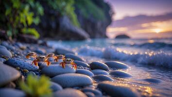 Crabs Exploring Pebble Beach at Sunset Ocean Waves and Cliffs photo