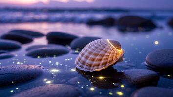Seashell on Wet Pebbles Glowing During Sunset at Calming Beach photo