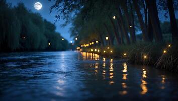 River at Night with Lights Reflecting and Full Moon Above Trees photo