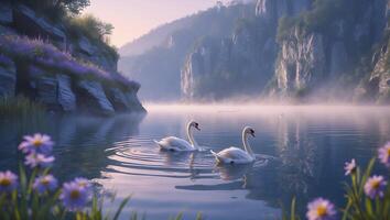 Swans Swim in Serene Lake Surrounded by Fog and Flowers photo