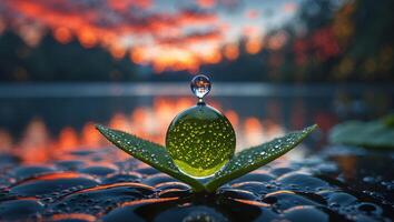 Water Droplet on Leaf Reflecting Sunset Over Calm Lake Water photo