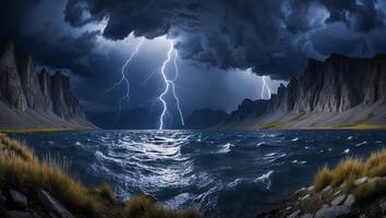 Lightning Strikes Over Mountain Lake with Stormy Clouds and Rough Water photo