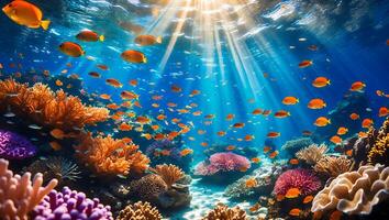 Swimming Fish and Colorful Coral Reef with Sun Rays Shining Through photo