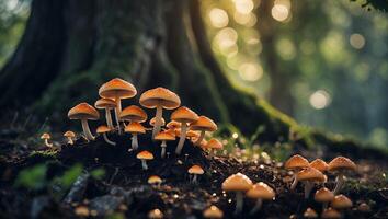 Group of Mushrooms Growing in Forest with Sunlight and Bokeh Effect photo