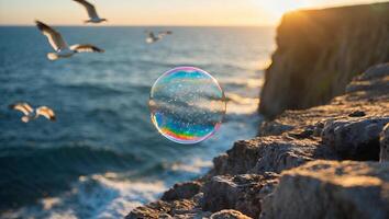 Soap Bubble Floating Above Rocky Coastline with Birds at Sunset photo