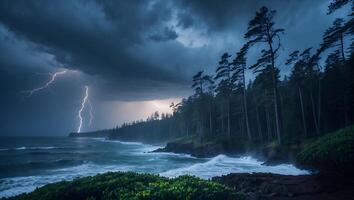 Dramatic Lightning Strikes Over Coastal Forest and Waves During Storm photo