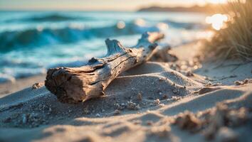 Driftwood Log Resting on Sandy Beach with Ocean Waves Background photo