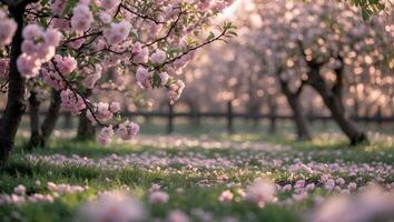 Blooming Cherry Blossoms in Orchard with Petals Scattered on Ground photo