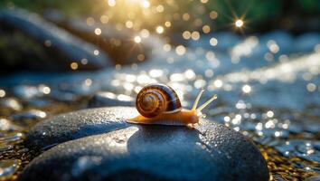 Snail on Rock by Sparkling Stream Adventure in Nature Landscape photo