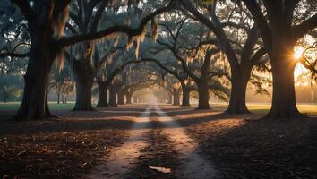Walking Dirt Road Through Forest Canopy at Sunset with Spanish Moss photo
