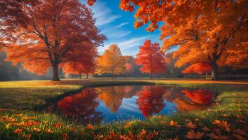 Autumn Trees Reflecting in Calm Pond with Fallen Leaves Landscape photo