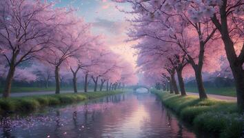 Blossoming Trees Reflecting in Water Canal Under Pastel Sky Landscape photo