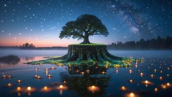 Tree Growing on Stump in Water Under Starry Night Sky photo