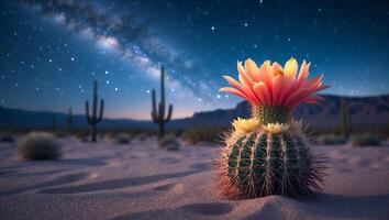 Blooming Cactus at Night Desert Landscape with Stars and Milkyway photo