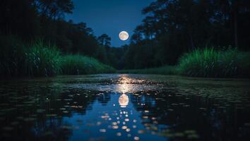 Full Moon Reflecting on Water in Forest Setting at Night photo