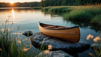 Canoe Resting on Rock by Calm Lake at Sunset Scenery photo
