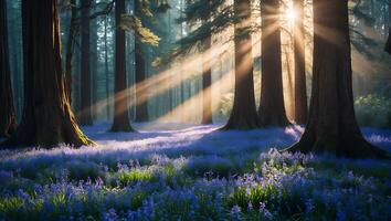 Sunlight Streaming Through Forest with Blue Flowers and Tall Trees photo