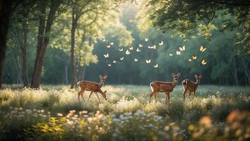Deer Walking Through Meadow with Butterflies in Light Dappled Forest photo