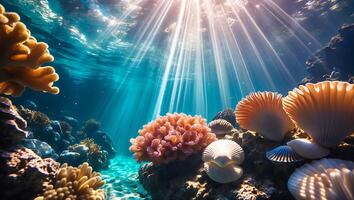 Underwater Scene Featuring Coral Reef, Sea Shells, and Sunlight Rays photo
