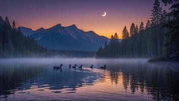 Geese Swim on Mountain Lake Under Crescent Moon at Dusk photo