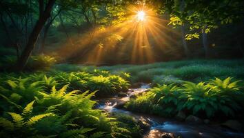 Stream Flowing Through a Forest with Sunlight Shining Through Trees photo