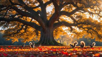 Squirrels Gathering Under Large Tree with Fall Foliage Landscape photo