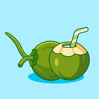 Fresh Green Coconuts with a Straw for a Refreshing Tropical Drink Illustration Cartoon Design vector