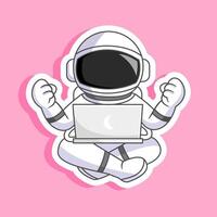 Sticker of Astronaut celebrating success while using a laptop in space illustration cartoon design vector