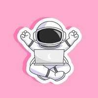 Sticker Of Astronaut Happy celebrating success while using a laptop in space illustration cartoon design vector