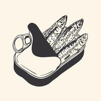 Black and White Hand-Drawn Sardines in Tin Can Illustration vector