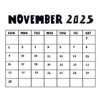November 2025. Calendar. Hand drawn design on white background. vector