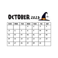 October 2025. Calendar with witch hat. Design illustration on white background. vector