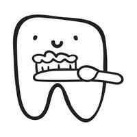 Cute tooth with toothbrush. Outline design. Hand drawn illustration on white background. vector