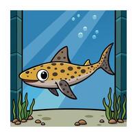 Cartoon Leopard Shark Illustration in Aquarium with Seaweed and Bubbles vector