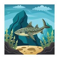 Cartoon Leopard Shark Swimming in the Ocean with Seaweed and Rocks vector