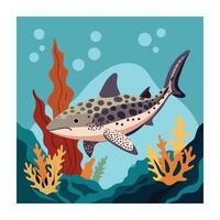 Leopard Shark Illustration with Coral Reef and Bubbles, Underwater Scene vector