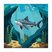 Cartoon Zebra Shark Swimming in Ocean, Underwater Cave Ecosystem Illustration vector