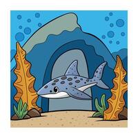 Cute Cartoon Zebra Shark Illustration in an Underwater Scene with Cave vector